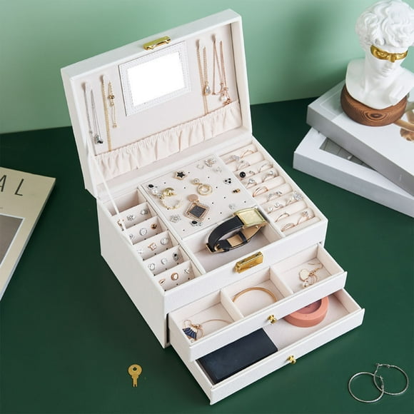 Caja de joyería de cuero con cerradura y espejo - Organizador de exhibición de 3 niveles para pendientes, pulseras, anillos y relojes
