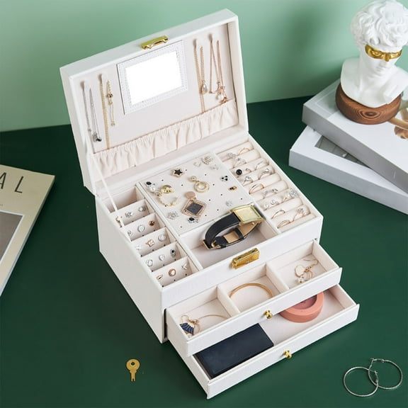 BCZHQQ Jewelry Organizer Box with Lock,Jewelry Box Organizer for Women Girls,2 Layers Large Jewelry Storage Case for Earring,Rings,Necklaces Bracelets,Watch,Summer Savings Clearance
