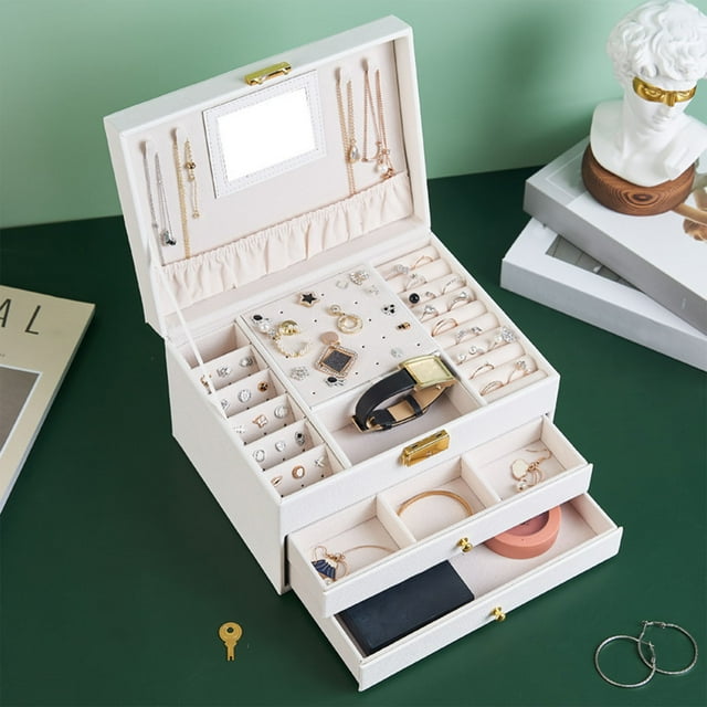 Boovnll Jewelry Box With Lock And Mirror Jewelry Organizer Storage Case With 3-Layers Display For Earrings Bracelets Rings Watches