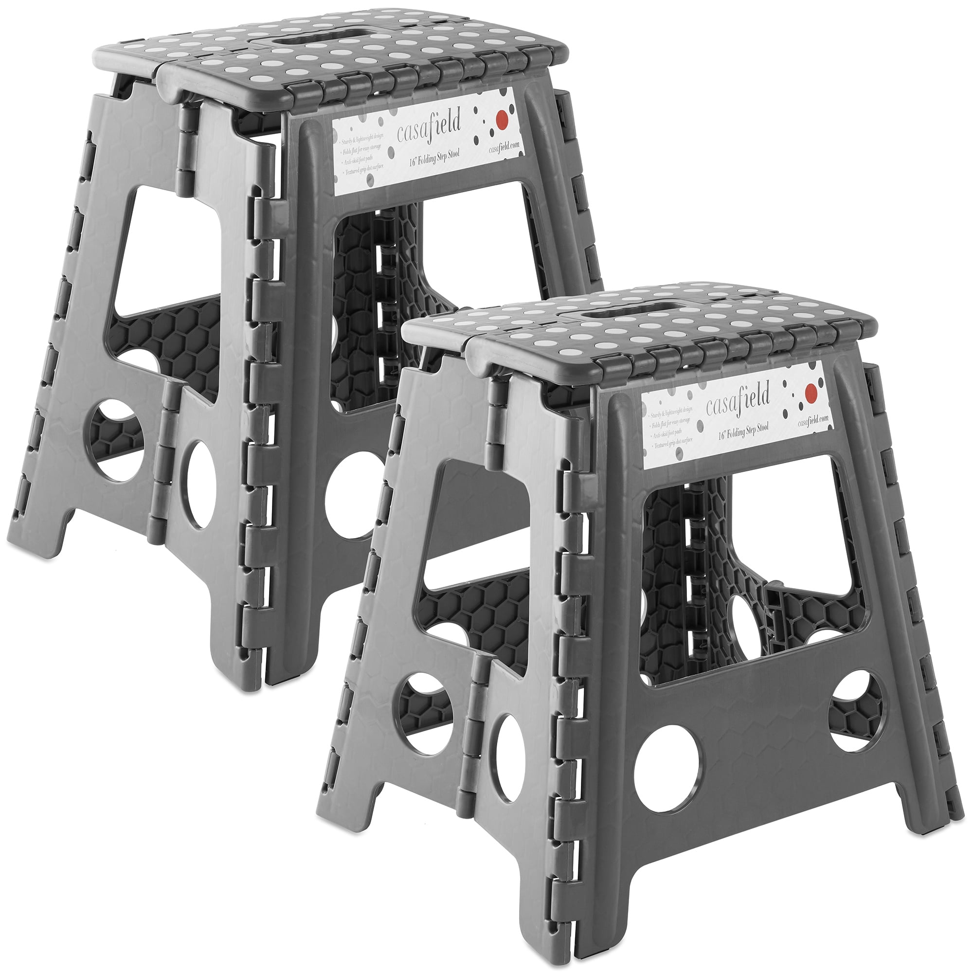 Casafield 16" Folding Step Stool with Handle (Set of 2) - Gray, Collapsible Foot Stool for Adults