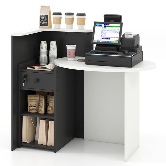 Gymax Front Reception Counter Desk Checkout Office Desk w/ Open Shelf & Lockable Drawer