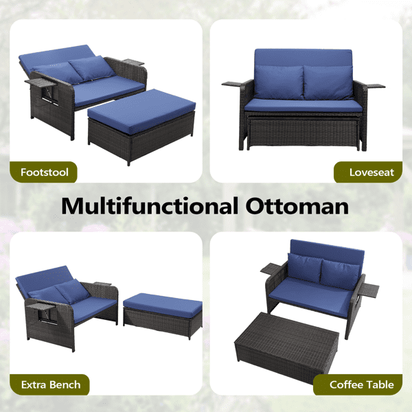 Patio Rattan Daybed Set, 2-in-1 Wicker Loveseat Sofa with Multipurpose Ottoman & Retractable Side Tray, 5-Level Adjustable Backrest, Footstool with Storage, Seat & Back Cushion Included, Brown