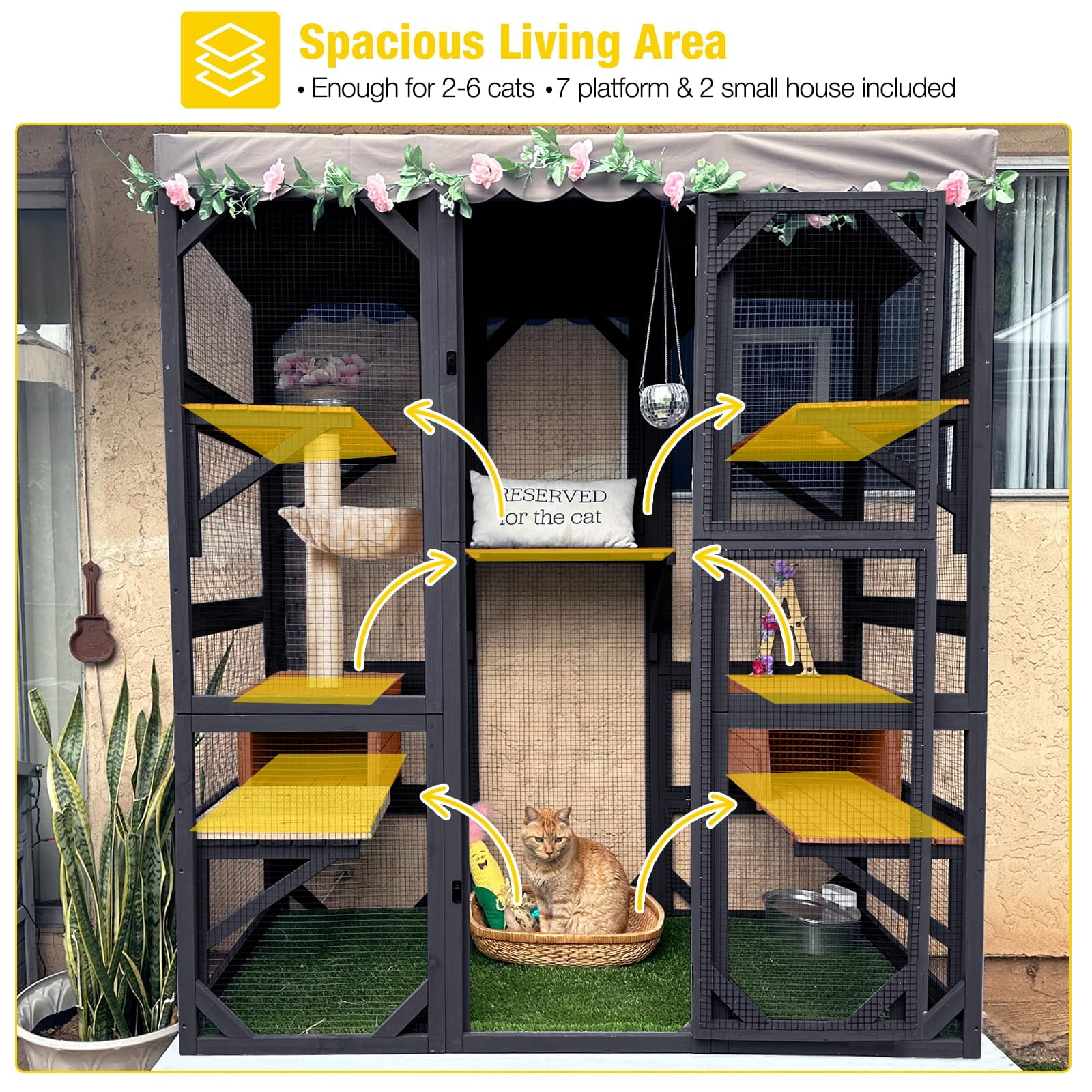 Aivituvin Catio Outdoor Cat Enclosure Large Cat House for Mulitiple Cats Walk in Kitty Cage with Tarp Roof 70" Black