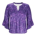 thumbnail image 5 of Purple Women V Neck Tshirts Casual Tee Tops for Women Ruffle 3/4 Length Bell Sleeve Floral Graphic Loose Fit Ruched Fall Summer Shirts 2025 Clothes Fashion M, 5 of 5