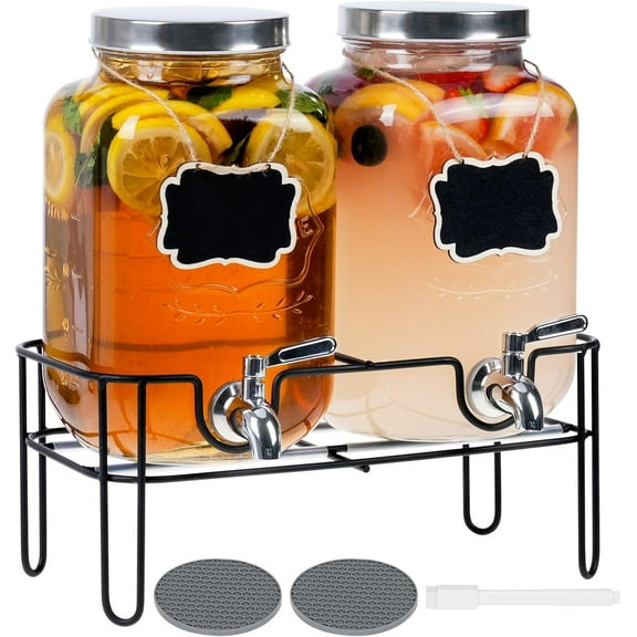 Glass Drinks Dispenser for Parties, 2 PACK 1 Gallon Beverage Dispenser with Stand for Juice and Iced Tea, Water Jug Dispenser for Lemonade, Party Essential Beverage Pitcher with Spout