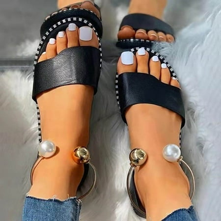 

YOTAMI Flat Slippers Sandals for Women Open Toe Pearl Comfy Beach Roman Flip Flops Shoes Black 8