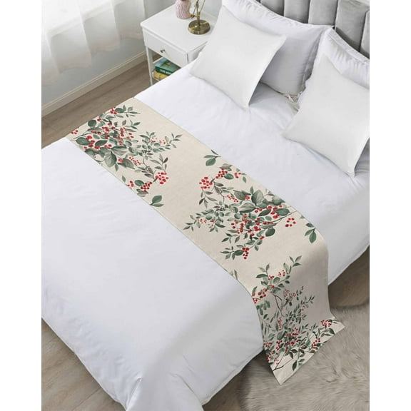 Christmas Botanical Bed Runner for Full/ Queen Size Bed, Xmas Berry Watercolor Green Botanical Rustic Bedspread Protector Slipcover Bed Scarf for Foot Bed Runners & Scarves for Bedroom 83x20 Inches
