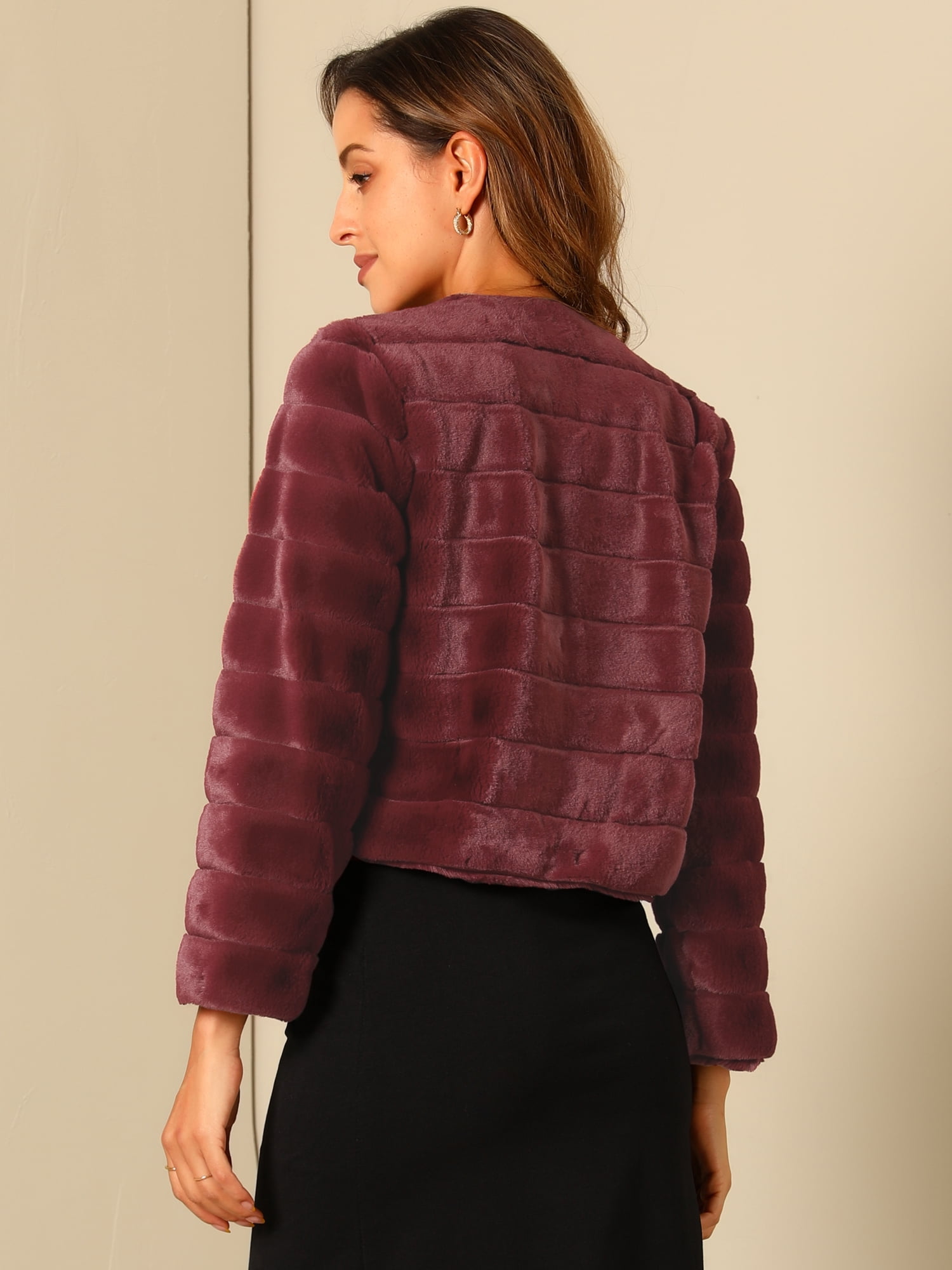 DARING DIVA Women's Long Sleeve Collarless Shaggy Soft Faux Fur Coat XL Dark Red