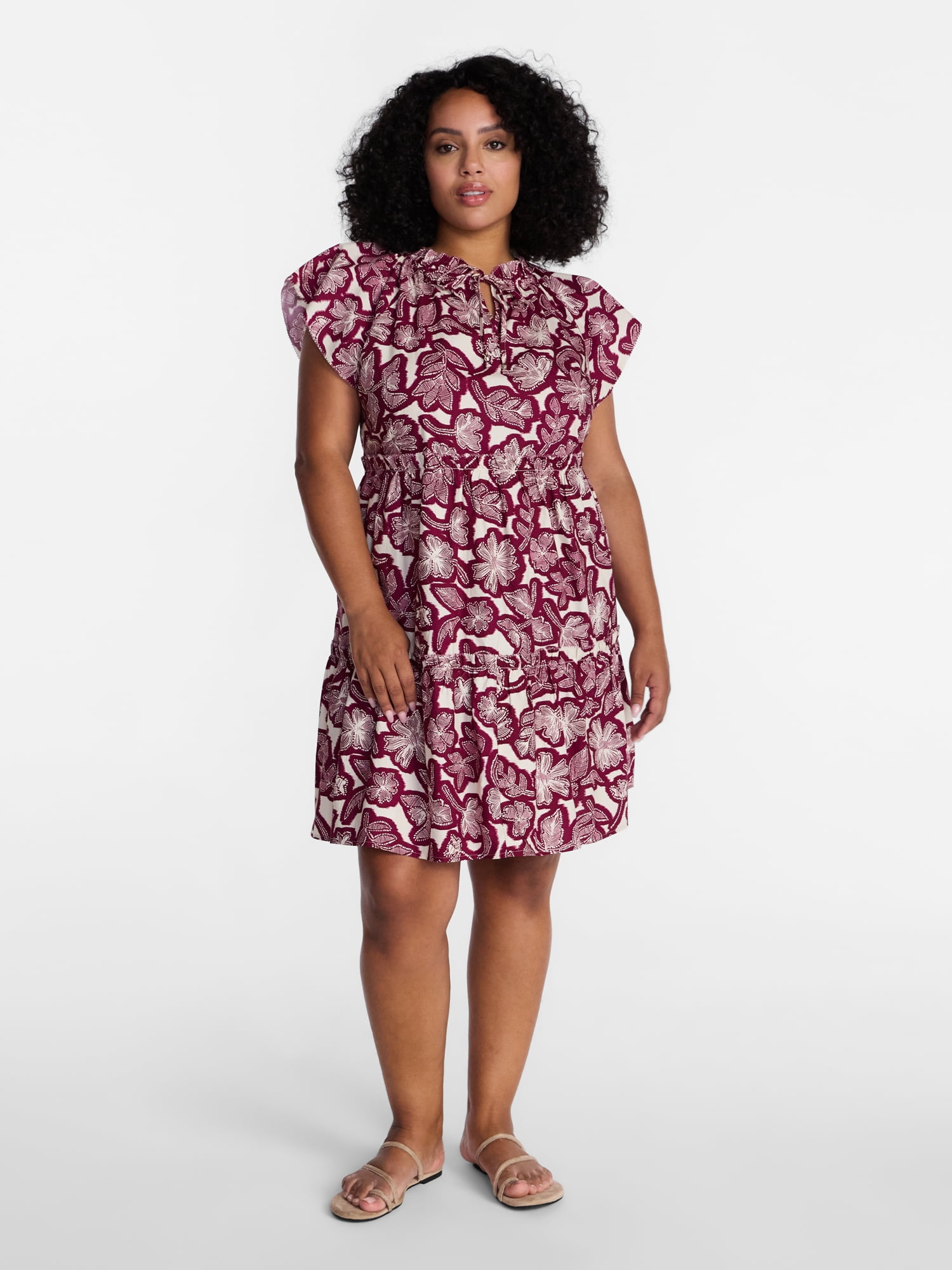 Time and Tru Women's and Women's Plus Tiered Cotton Mini Dress with Flutter Sleeves, Sizes XS-4X