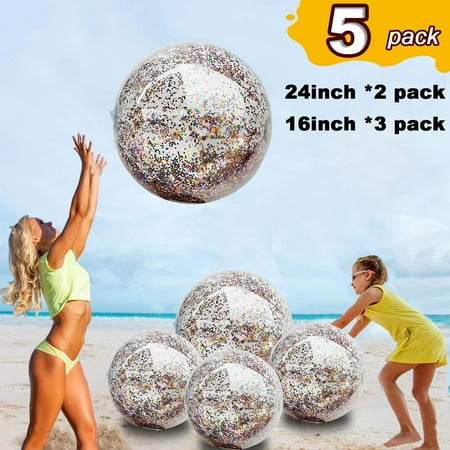 Daisy Inflatable Beach Ball Glitter Pool Accessory Confetti 16 & 24 Inch Premium Beach Theme Water Sand Toy for Beach Party Decoration, Pool Party Supplies Beach Balls -Set of 5 |