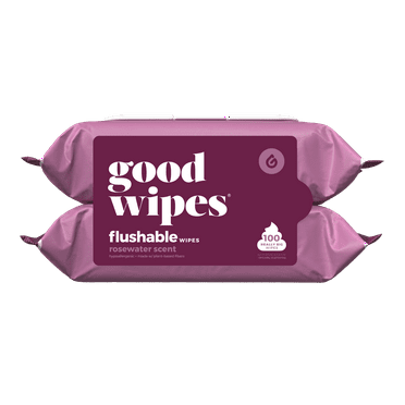 Goodwipes Flushable Butt Wipes, Plant Based, Rosewater Scented, 2 Pack, 100 Total XL Wipes