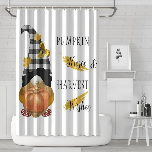 Rideaux de Douche Rustiques Citrouille Gnome Récolte d'Automne, Rideau de Spectacle Lavable avec Crochets en Polyester pour Halloween Noël Hôtel Dortoir