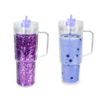 AGH 40 Oz Acrylic Snowglobe Tumbler with Handle, 2 Pack Pre-Drilled Double Wall Acrylic Clear Cup Tumbler for Glitter Snow Globe Diy, with Purple Lid and Straw