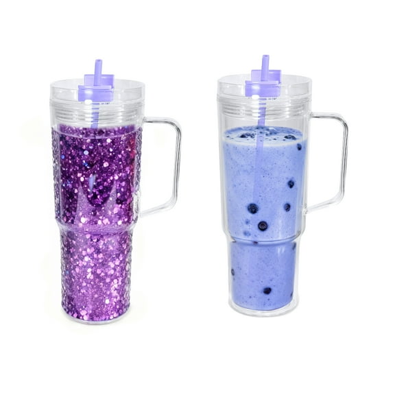 AGH 40 Oz Acrylic Snowglobe Tumbler with Handle, 2 Pack Pre-Drilled Double Wall Acrylic Clear Cup Tumbler for Glitter Snow Globe Diy, with Purple Lid and Straw
