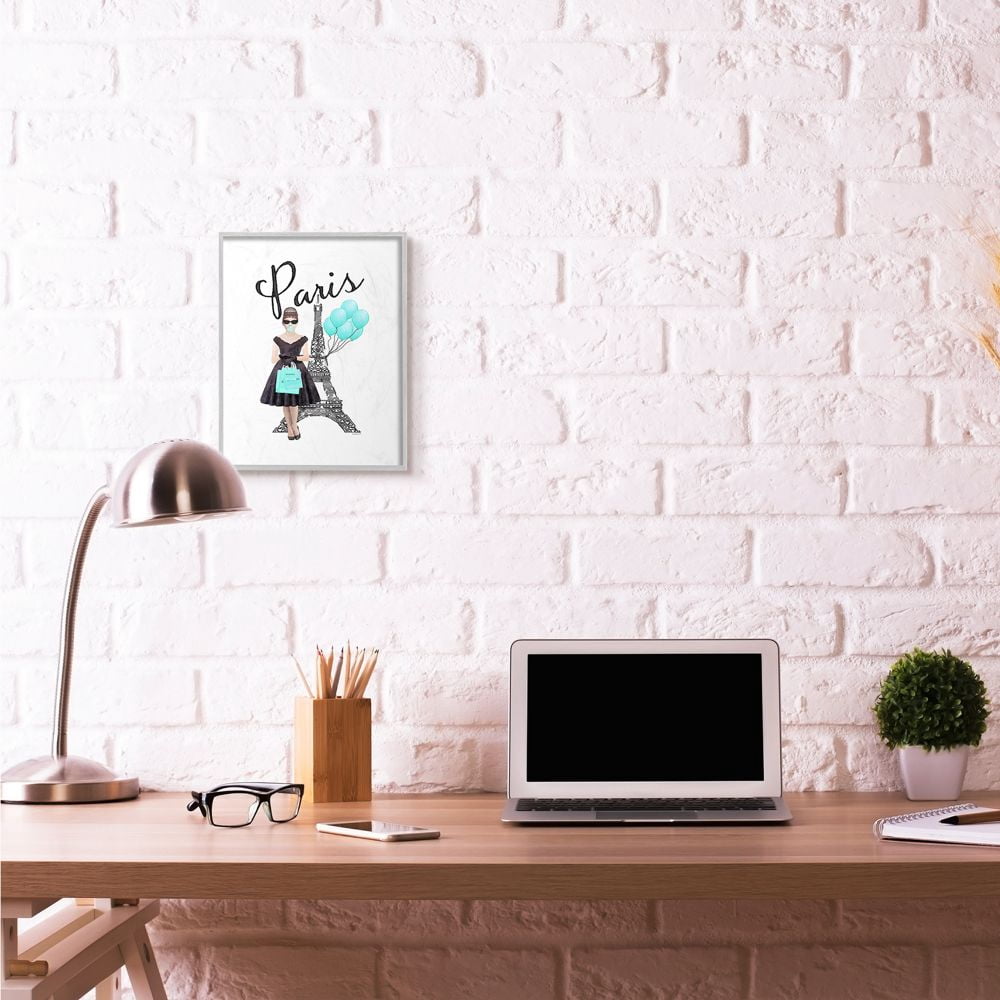 Stupell Industries Paris Woman Shopping Eiffel Tower Blue Glam Fashion Watercolor Framed Wall Art by Amanda Greenwood