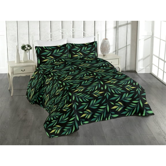 Ambesonne Leaves Greenery Quilted Bedspread Set 3 Pcs, Leafy Pattern Boho, King, Fern Green Charcoal Grey