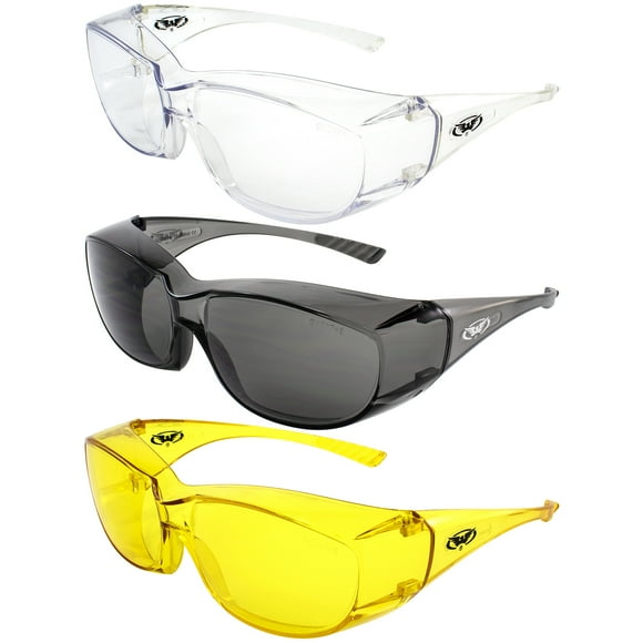 3 Pairs Global Vision Oversite Motorcycle Safety Glasses for Men or Women ANSI Z87.1 Fitover One-Piece Lens w/ Clear, Smoke & Yellow Matching Frames