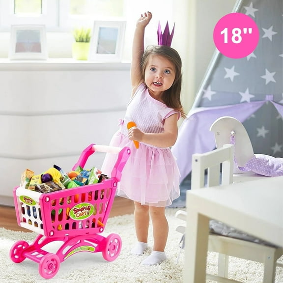 PayUSD Toy Shopping Cart Toddler Shopping Cart 18'' Pretend Grocery Cart with Pretend Play Food Items Realistic Kitchen Accessories Supermarket Pretend Play Shopping Cart For Kids Ages 18M Doll Size
