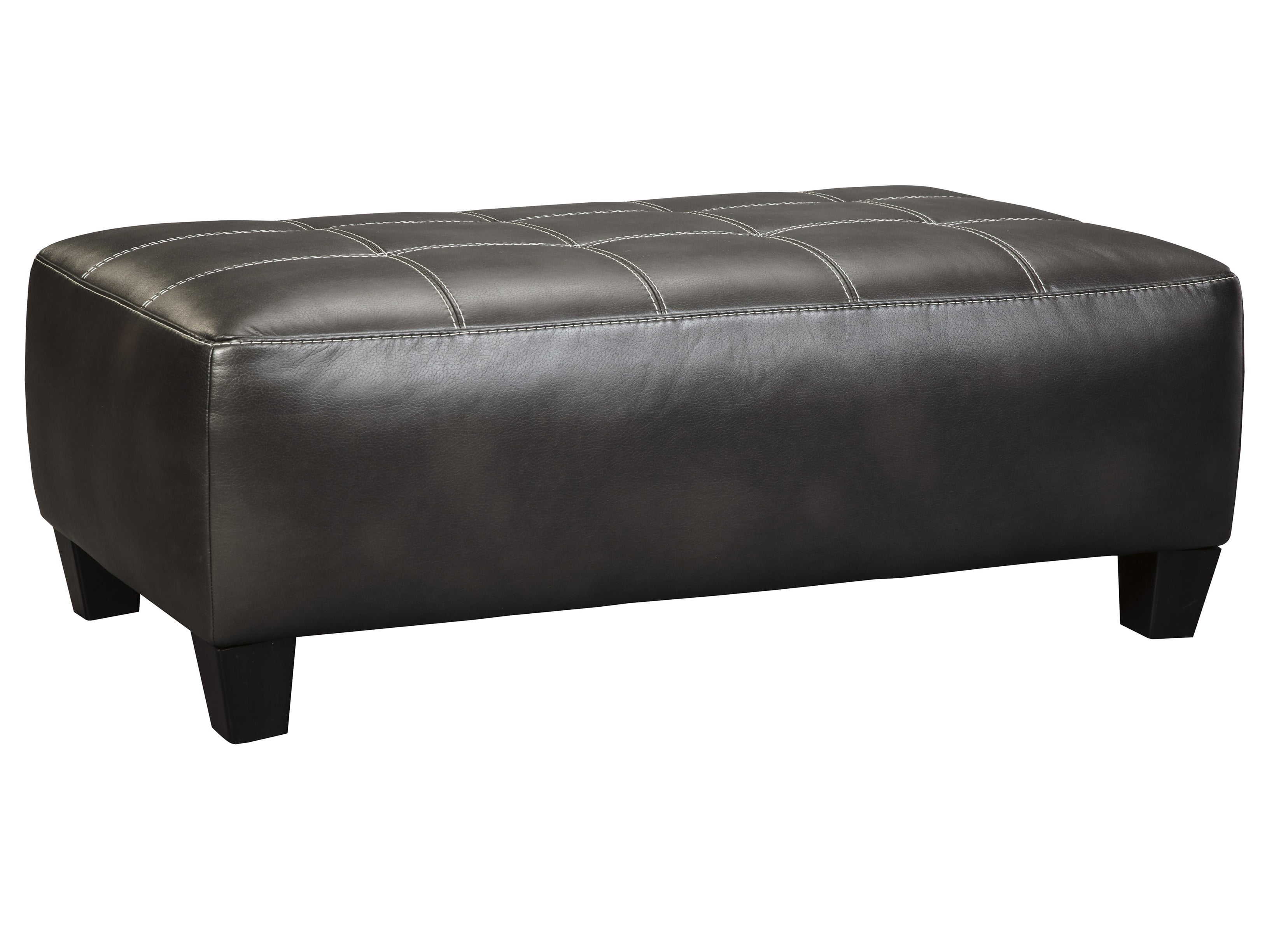 Rectangular Oversized Leatherette Ottoman with Jumbo Stitching, Black