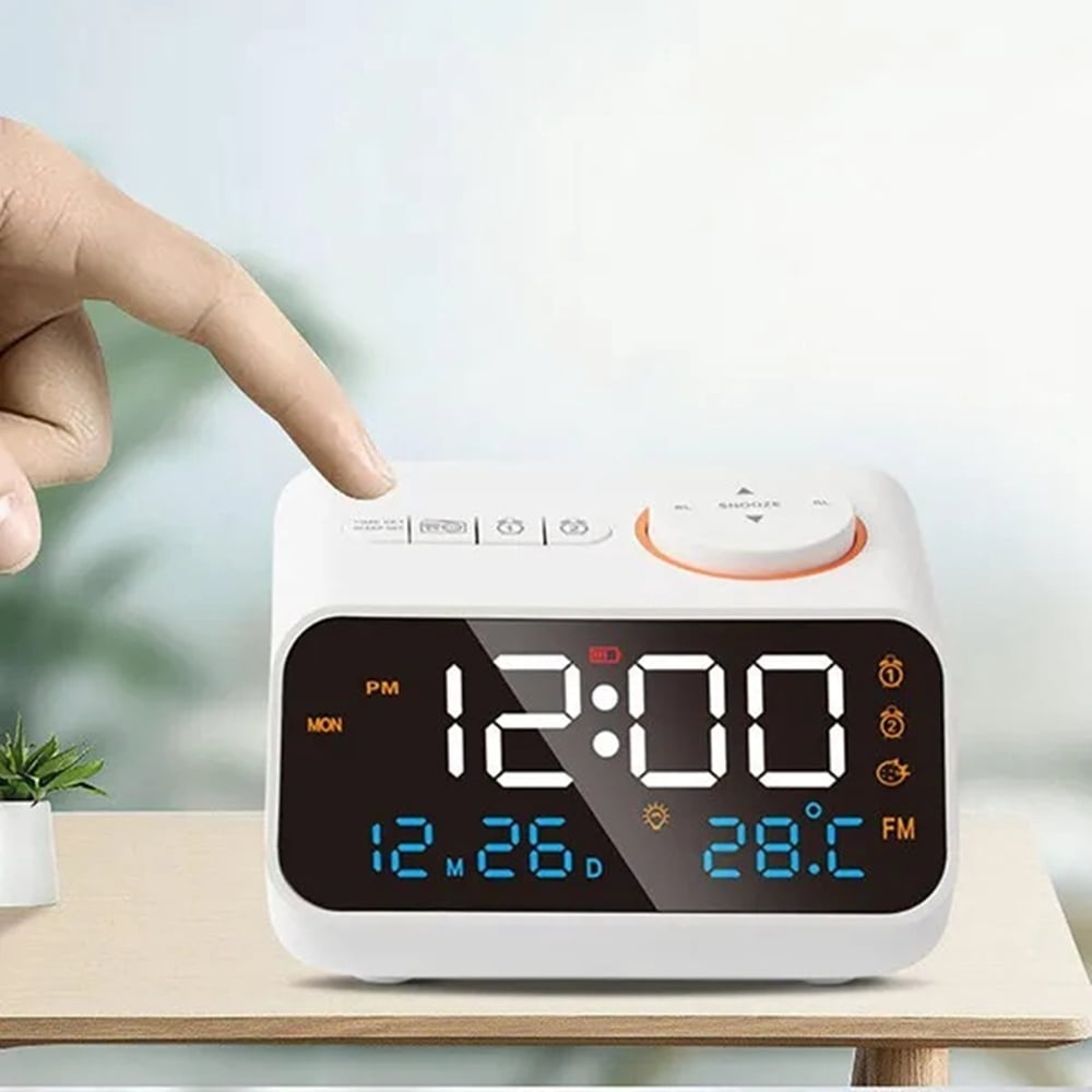 Mordern FM Radio LED Alarm Clock for Bedside Wake Up. Digital Table Calendar with Temperature Thermometer Humidity Hygrometer