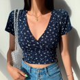 thumbnail image 1 of Y2K Vintage Floral Cross Crop Top camiseta mujer recortada delgada manga corta cuello pico Sexy verano ropa camiseta mujer Tops Tan Jianjun  unisex, 1 of 2
