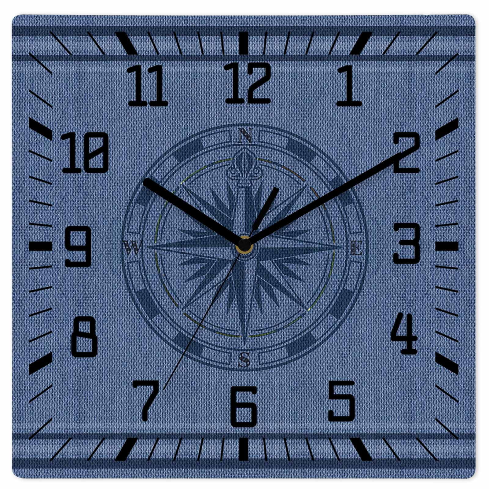 Nautical Compass Wooden Wall Clock Silent Non Ticking, Navy Blue Striped Coastal Compass Square Wall Clocks Battery Operated, Decor Clock for Home Office, Living Room, Kitchen, 10 Inch