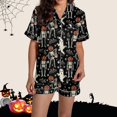 thumbnail image 2 of Halloween Pajamas Sets for Women 2 Piece Satin Pumpkin Print Button Short Sleeve 2 Piece Loungewear Halloween Printed Pajamas for Women, 2 of 5