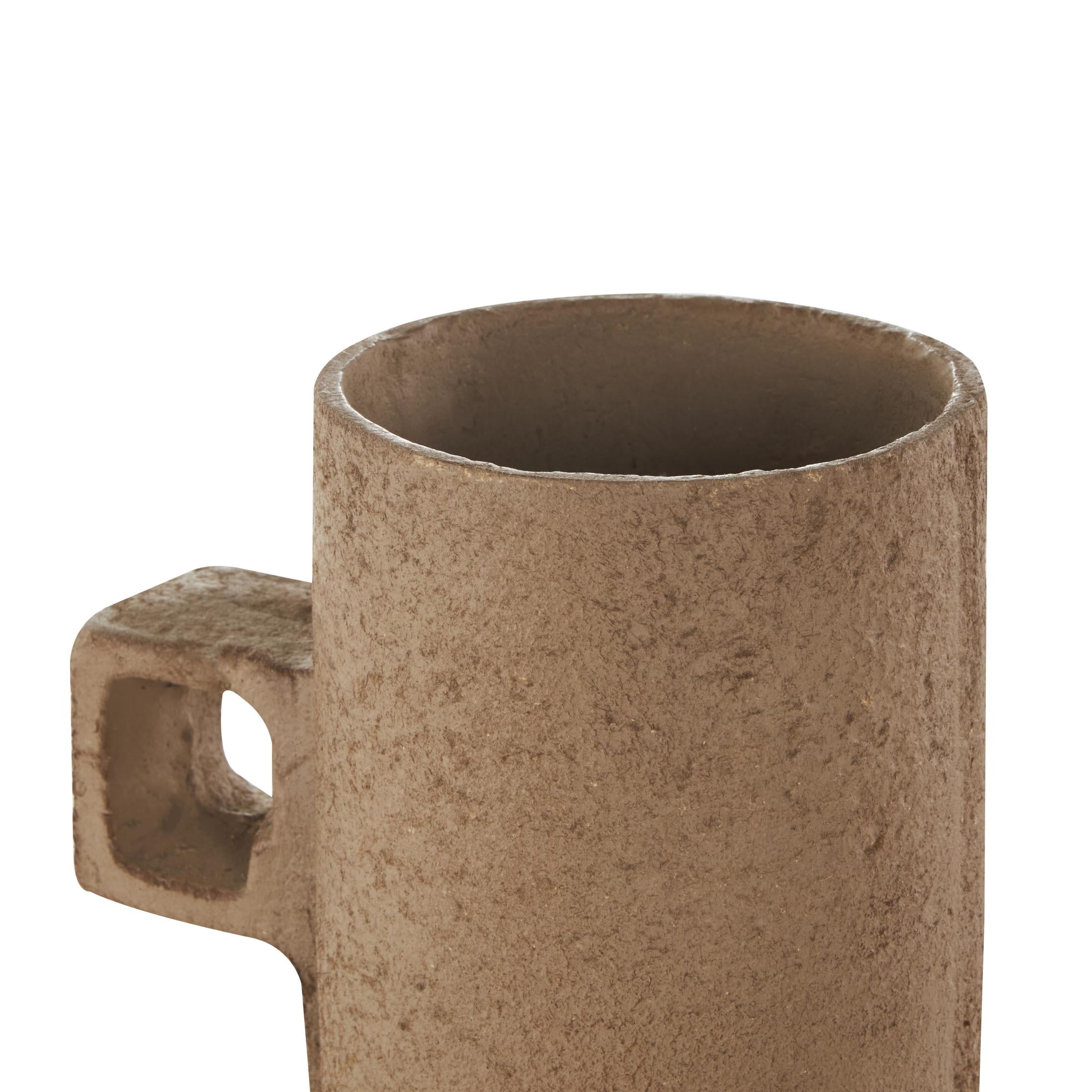 DecMode 15" Abstract Distressed Textured Brown Paper Mache Vase with Geometric Handle