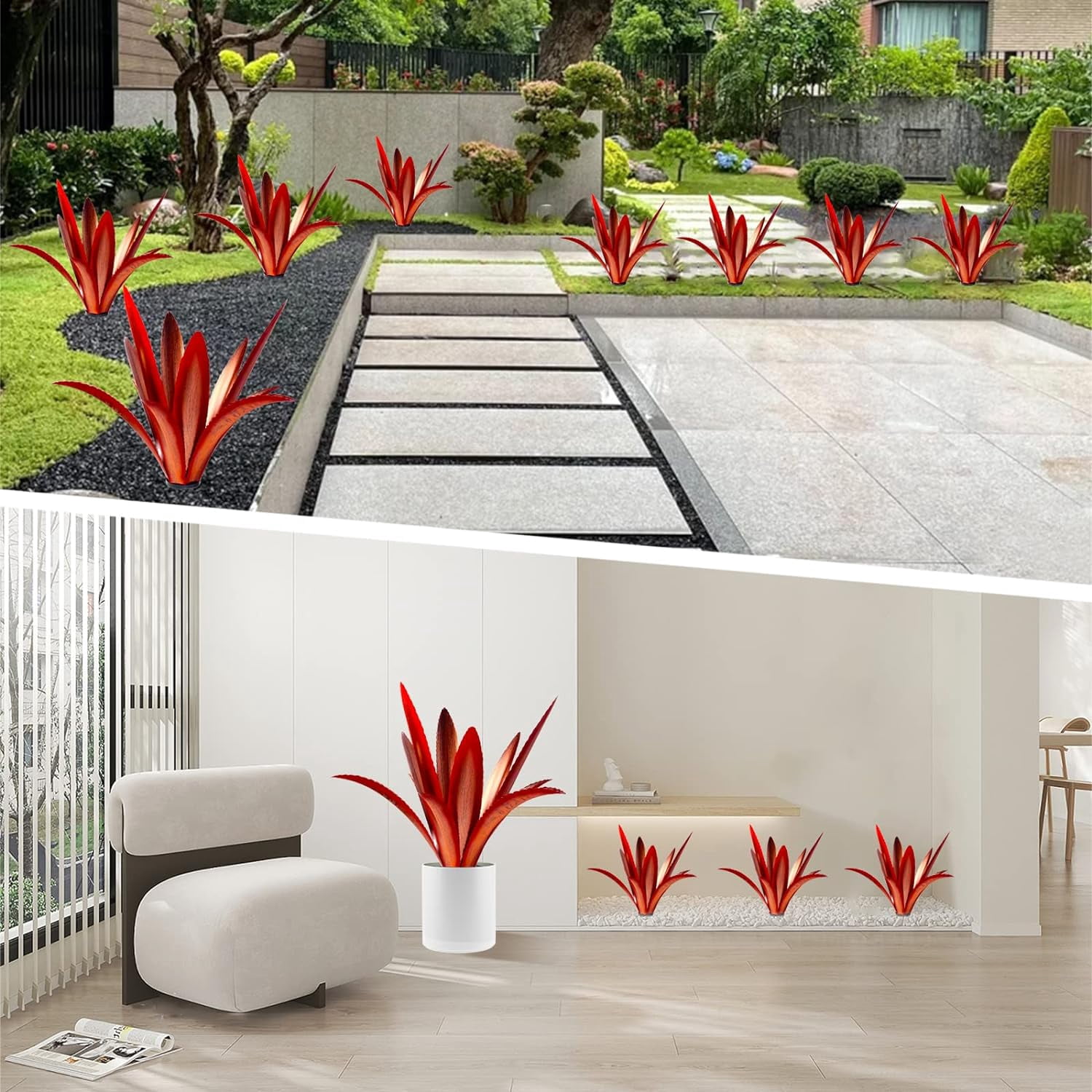 Enlarge Thickened Wind Resistant Metal Agave Garden Art Metal Plant Country Garden Sculpture Statue Outdoor Decoration Agave Metal Plant Courtyard Lawn Ornament Gift (2, 12 Leaves red)