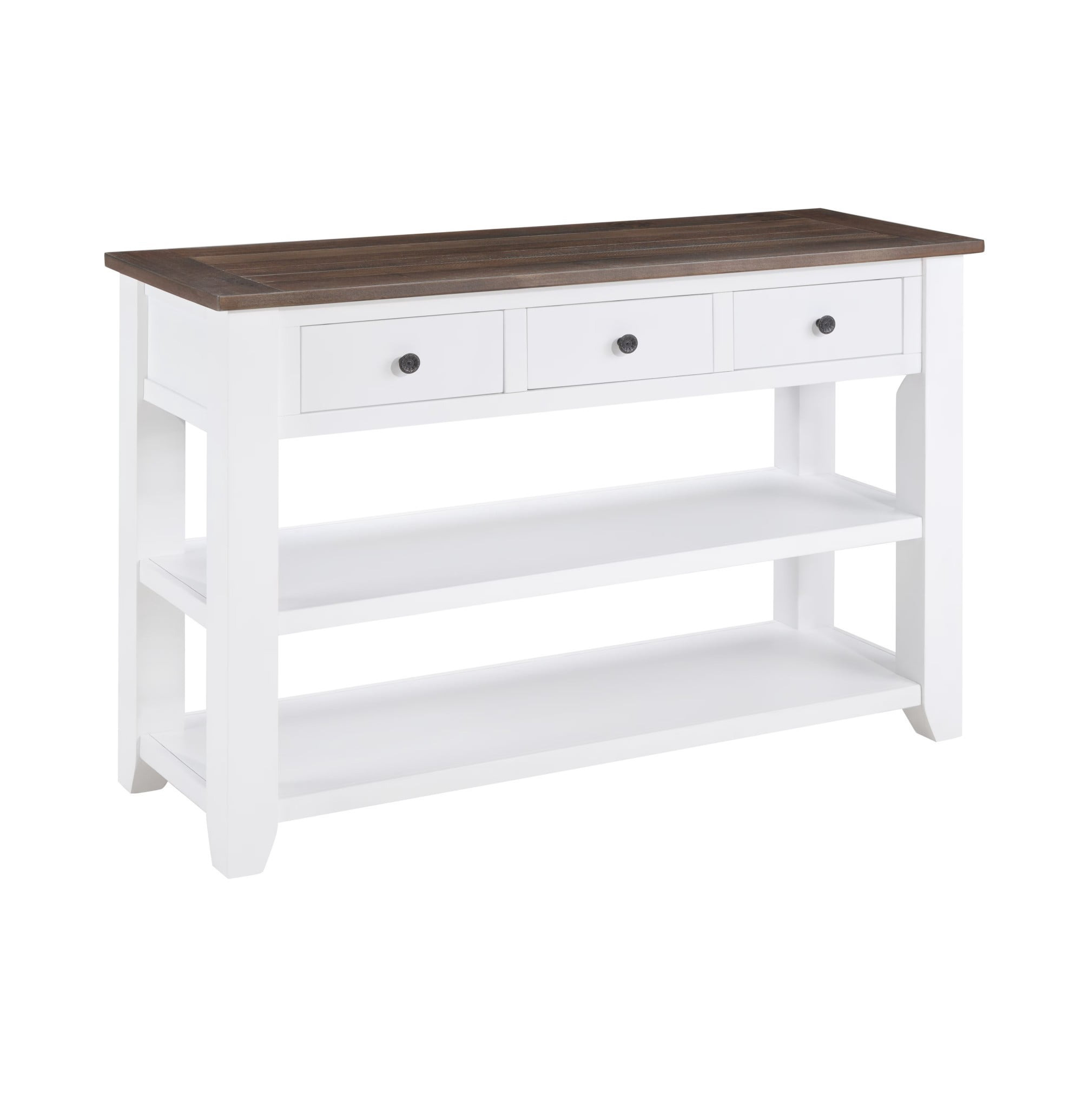 Retro Console Table with 3 Drawers & 2 Open Shelves, Solid Wood Entryway Table with Storage, Farmhouse Sofa Table for Living Room, Hallway, Bedroom, Brown & White