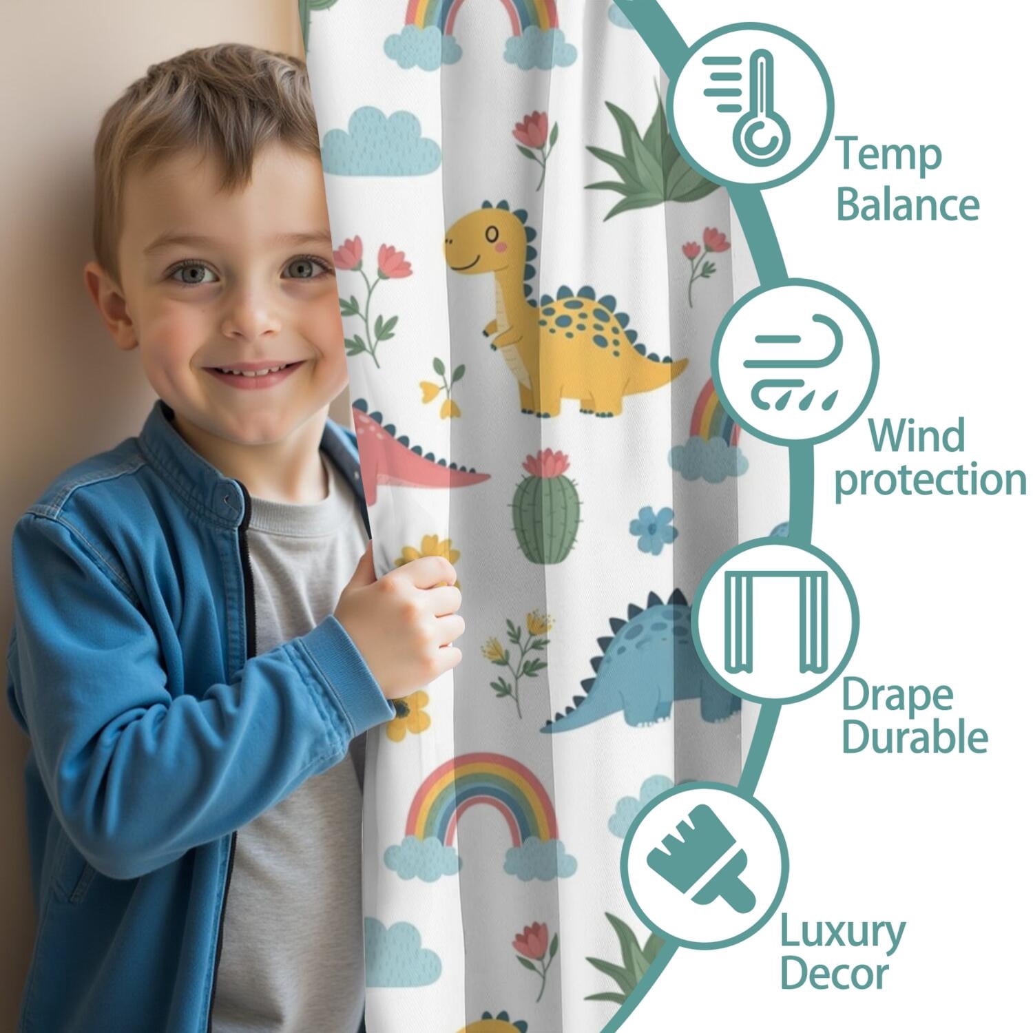 Blackout Kids Curtains,White Dinosaurs Rainbows Plants Pattern Childrens Insulated Curtains Set Of 2,Bedroom Essentials,Toddler Room Decor 42"x84"