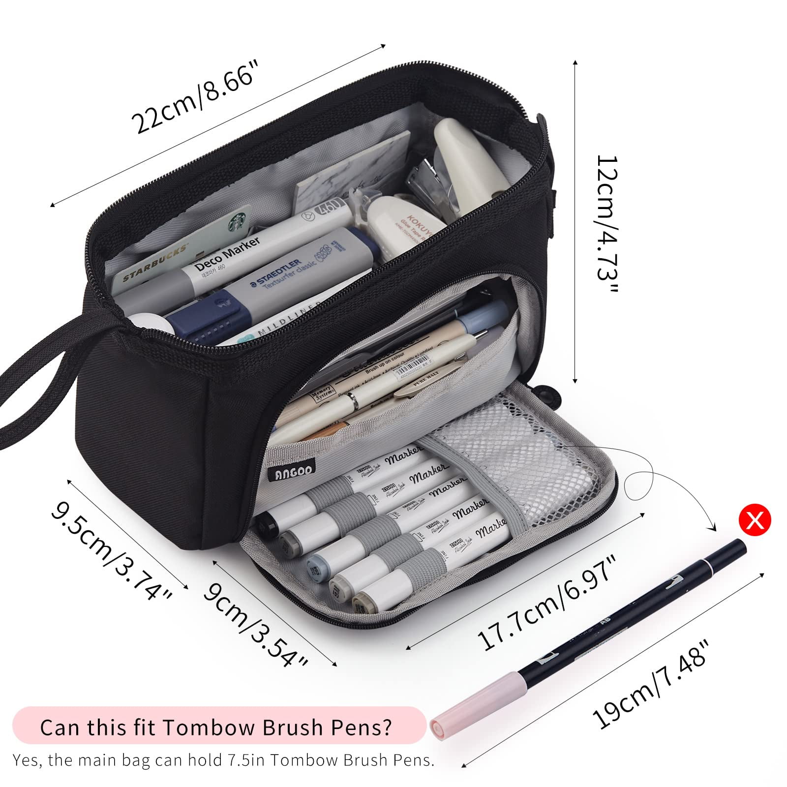 OBOSOE Pencil Case Large Capacity Pencil Pouch Handheld Pen Bag Cosmetic Portable Gift for Office Men Women Adult (Black)