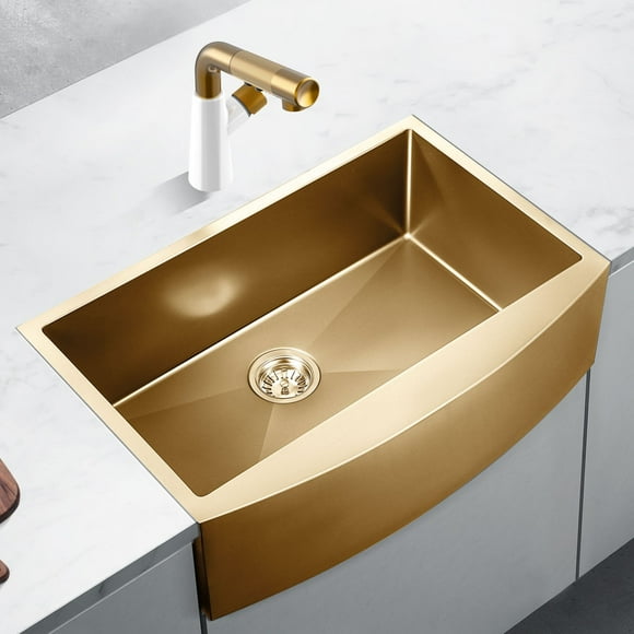 HIGOLD 33 inch Apron Sink, Deep Bowl Farmhouse Sink, Nano Stainless Steel PVD Gold, 33"×20"×10"