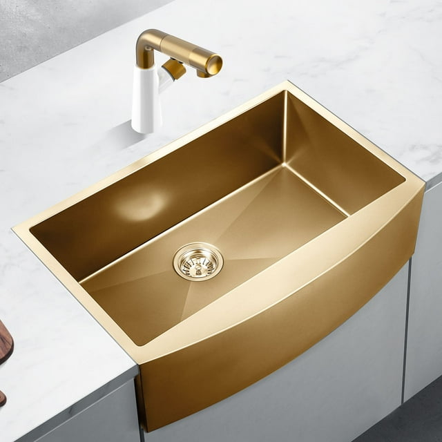 HIGOLD Évier Tablier 33 Pouces, Bol Profond Style Ferme, Acier Inoxydable Nano PVD Or, 33"X20"X10 Pouces