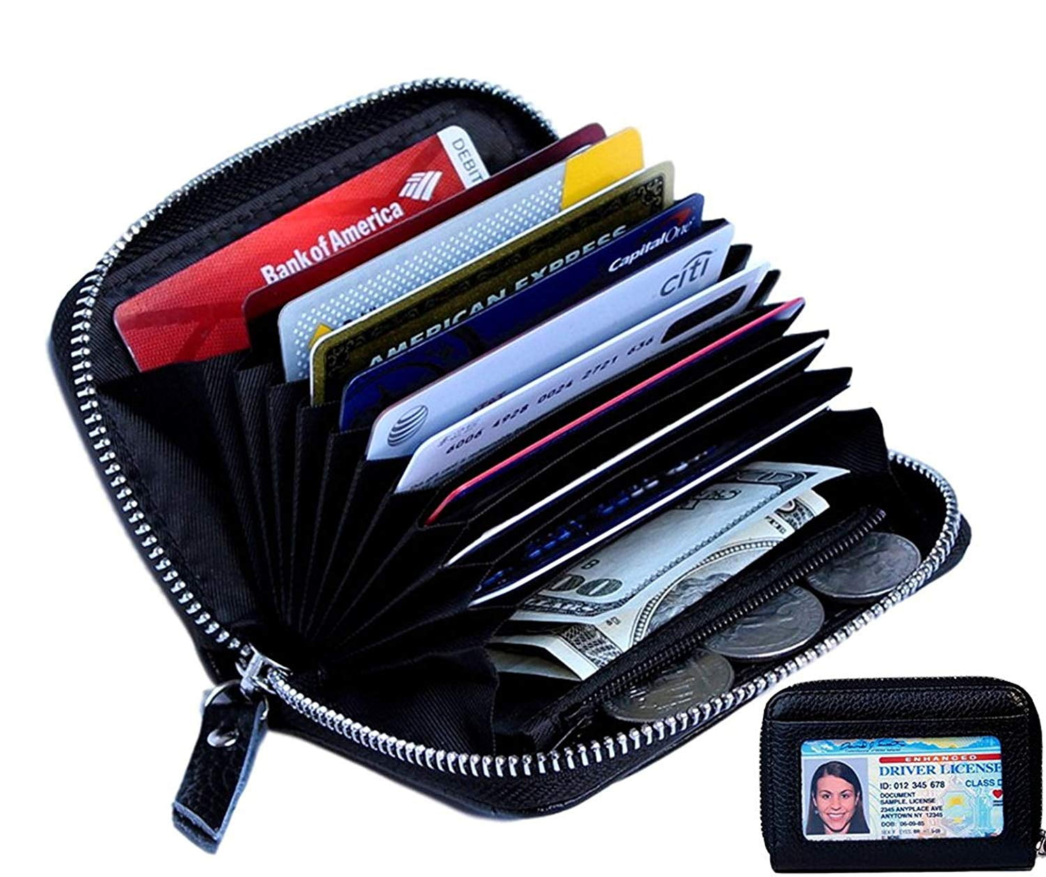 Black Genuine Leather Women Accordion Wallet Zip Around ID Card Holder 