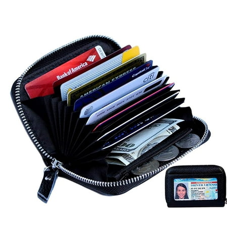 Women's Genuine Leather Credit Card Holder RFID Secure Spacious Cute Zipper Card Wallet Small Purse with ID (Best Benefits Credit Card Uk)
