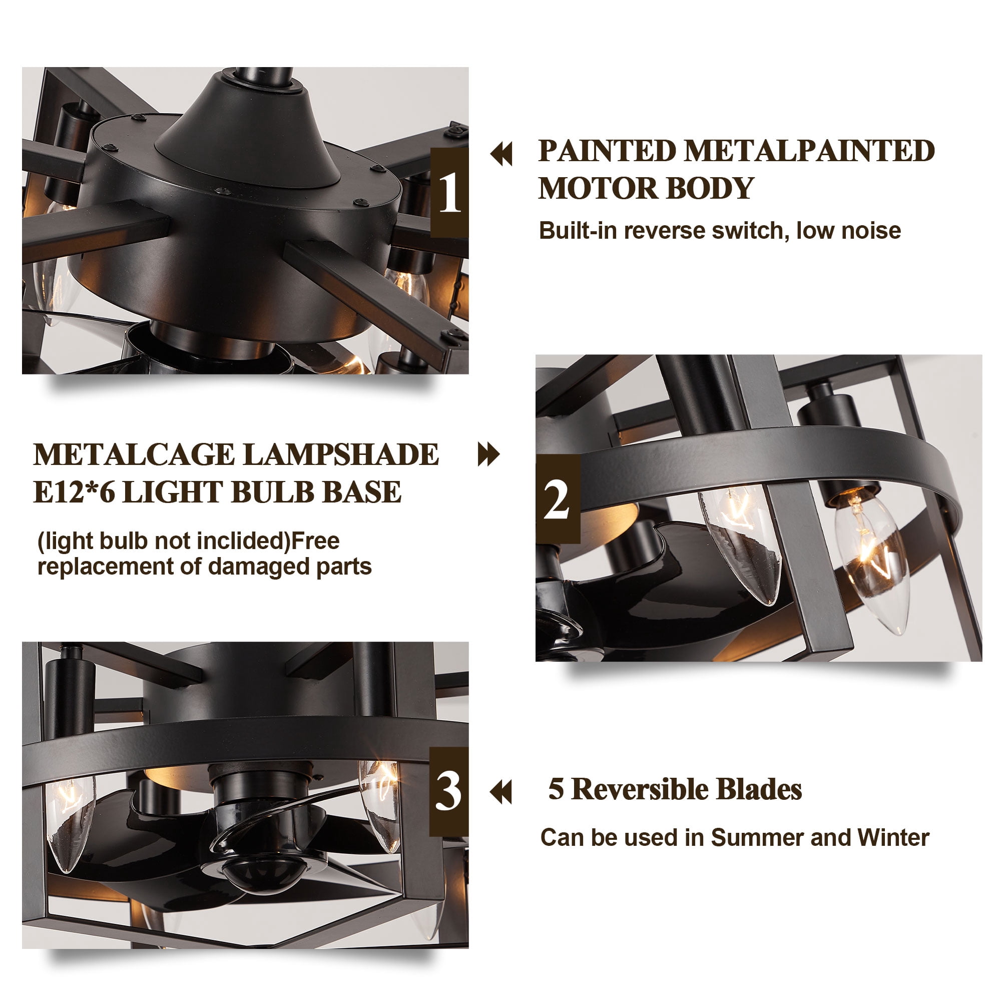 Bella Depot 18 Inches Octagonal Cage Ceiling Fan with Light and Remote Control, 6-speed Reversible Chandelier