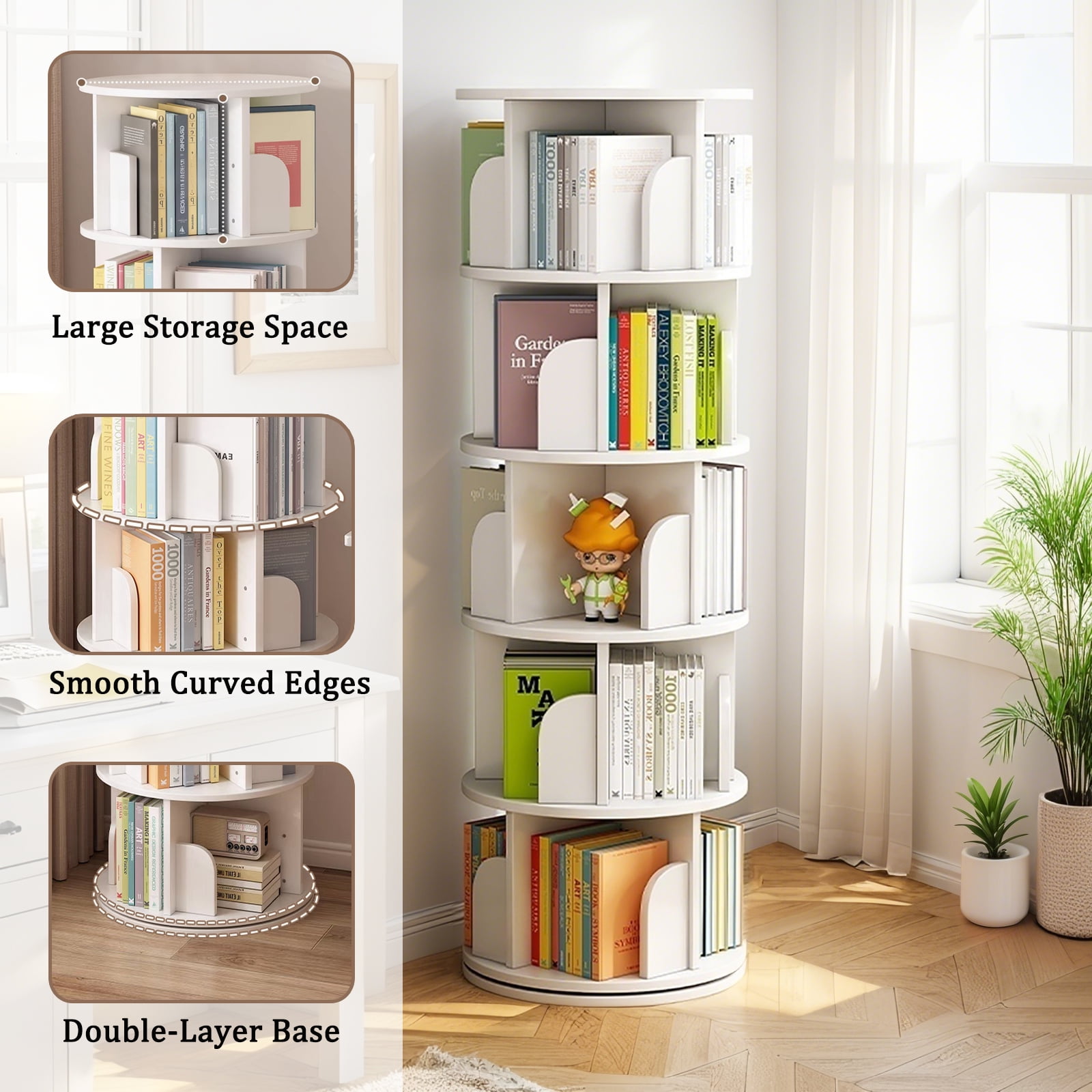 Miniyam 360 Rotating Bookshelf, White Bookcase for Bedroom, Living Room and Small Spaces