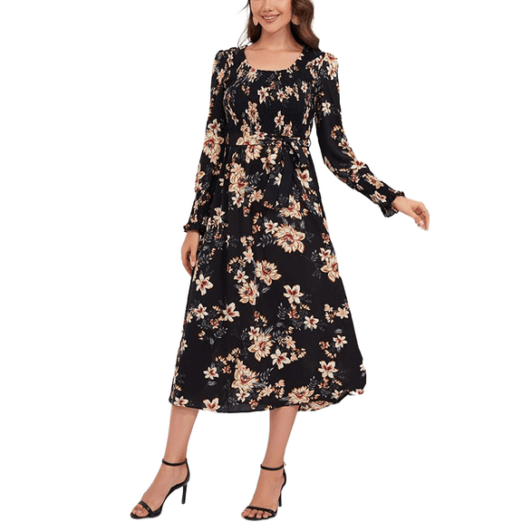 Scoop Neck Shirred Floral Print Dress for Women Mid-Calf Length Black Small