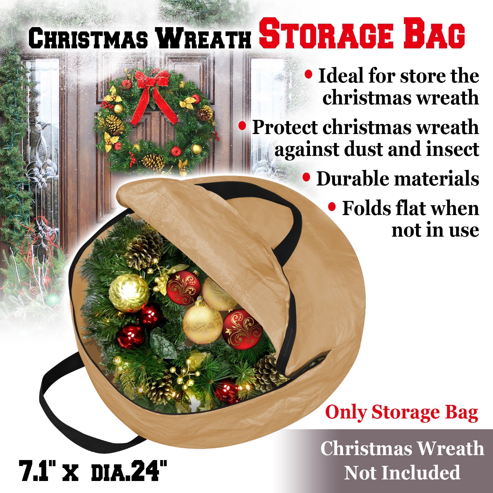 Sunrise Heavy Duty Christmas Wreath Storage Bag Xmas Holiday Wreath Storage Container for 24-Inch Wreaths (Tan)