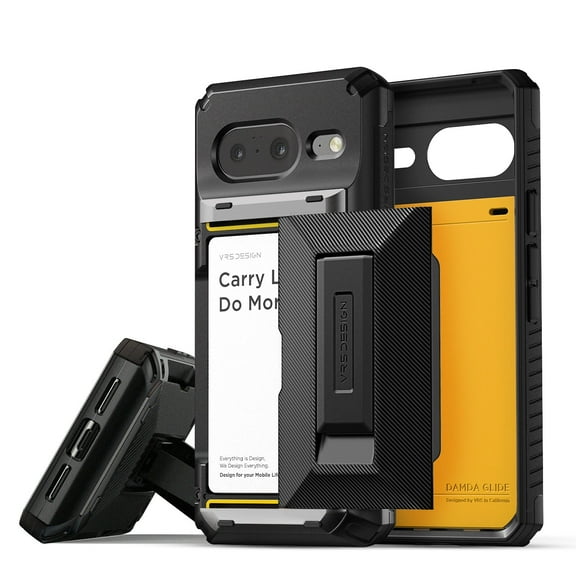 VRS DESIGN Phone Case for Google Pixel 8 (2023), [Damda Glide Hybrid] Sturdy Semi Auto Card Holder Wallet Case with Kickstand (Black)