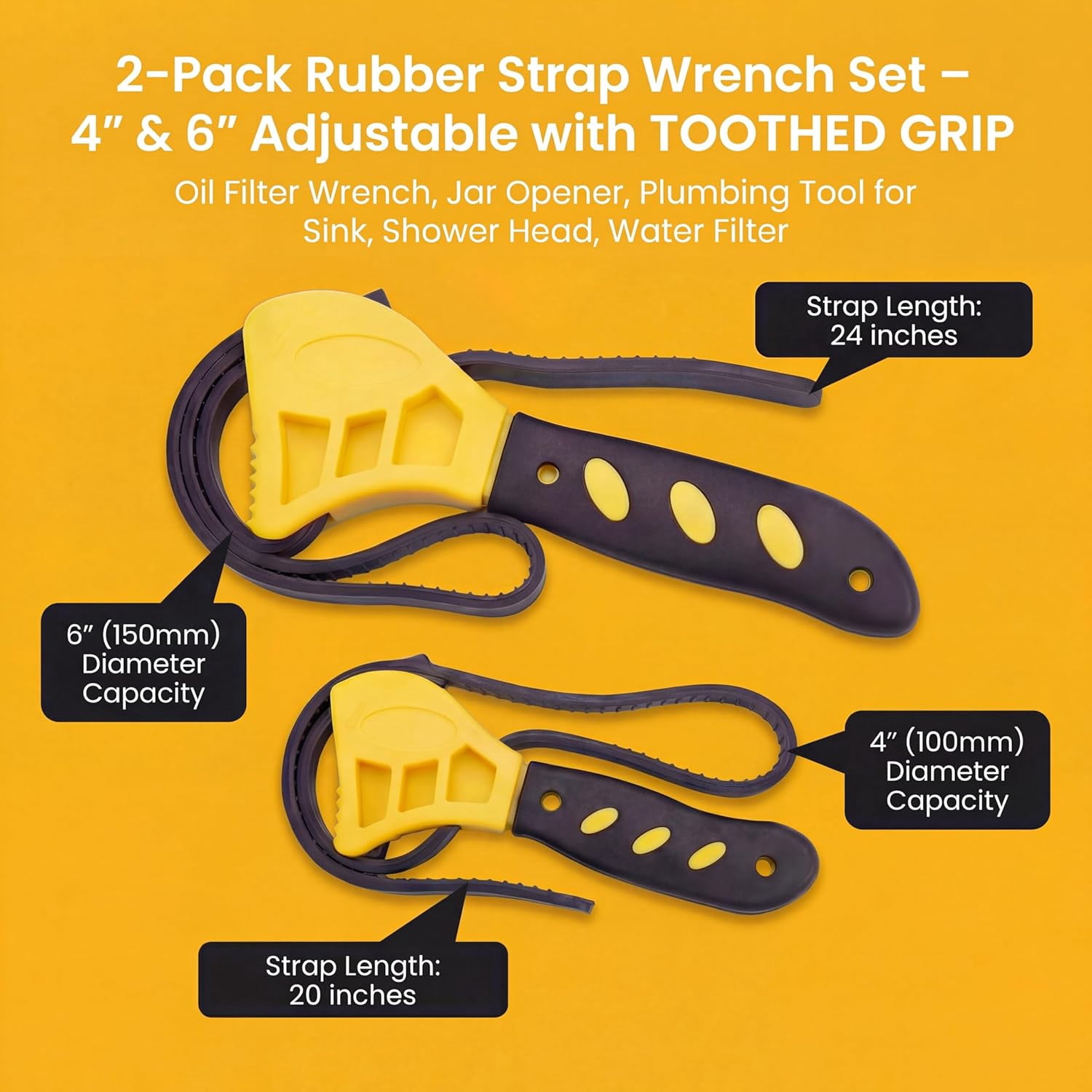 MKEUDQ-2-Pack Rubber Strap Wrench Set – 4" & 6" Adjustable with TOOTHED GRIP – Oil Filter Wrench, Jar Opener, Plumbing Tool for Sink, Shower Head, Water Filter