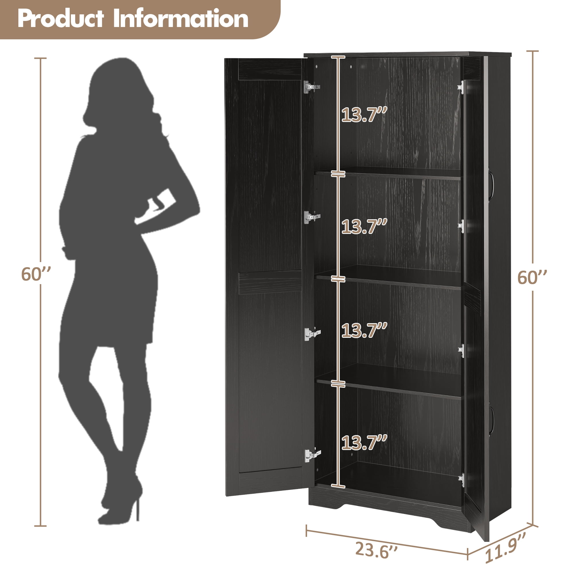 60" Freestanding Pantry Cabinet with Adjustable Shelves, Kitchen Storage Cabinet with Doors, Modern Food and Bathroom Organizer for Small Spaces, Dining Room
