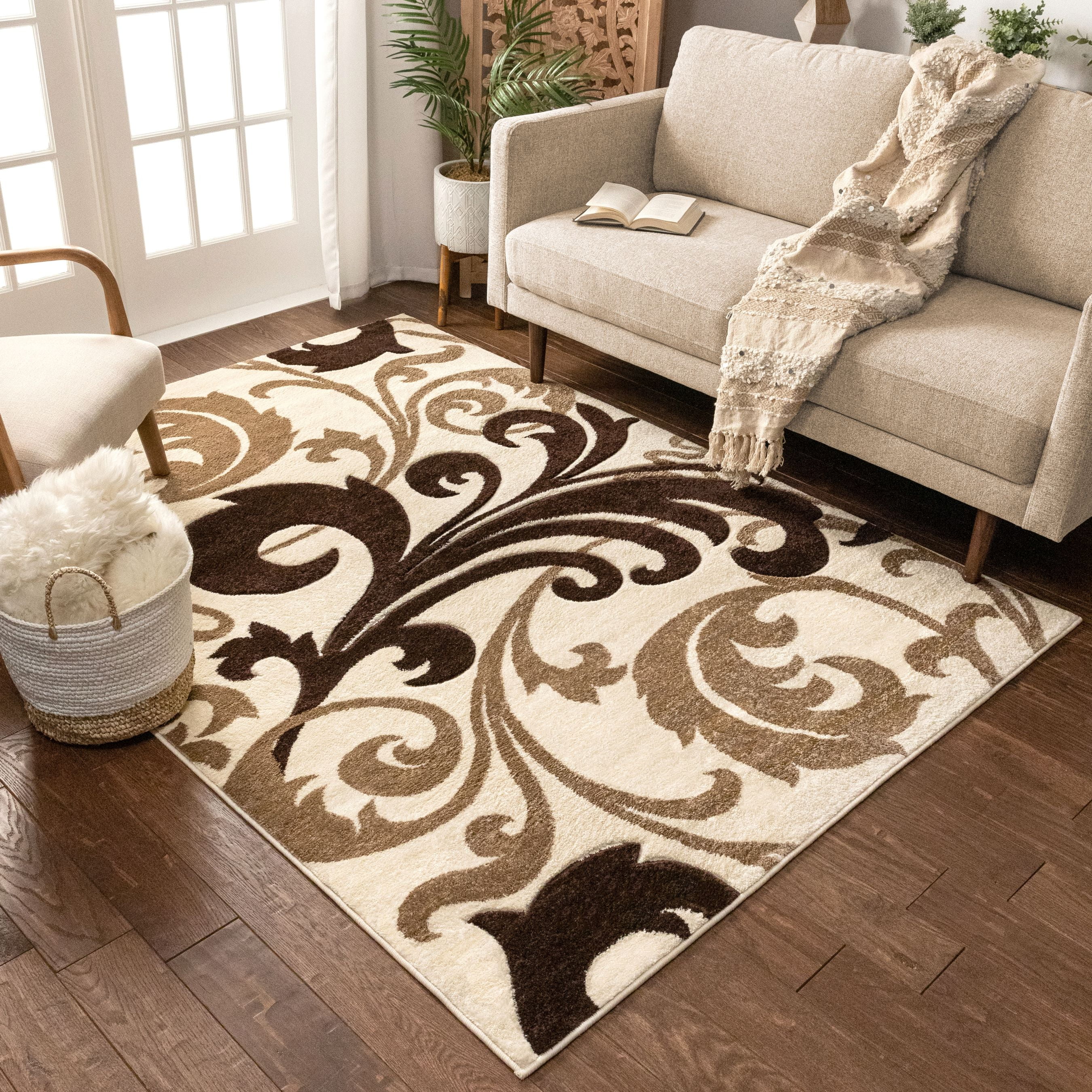 Modern Brown Living Room Rug Beige Floral Pattern Damask Style Area Carpet Mat 