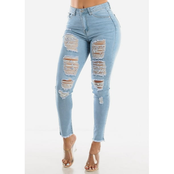 Modaxpressonline Womens Juniors Women S High Waisted Light Blue Ripped Denim Jeans Distressed High Rise Jeans a Walmart Com Walmart Com