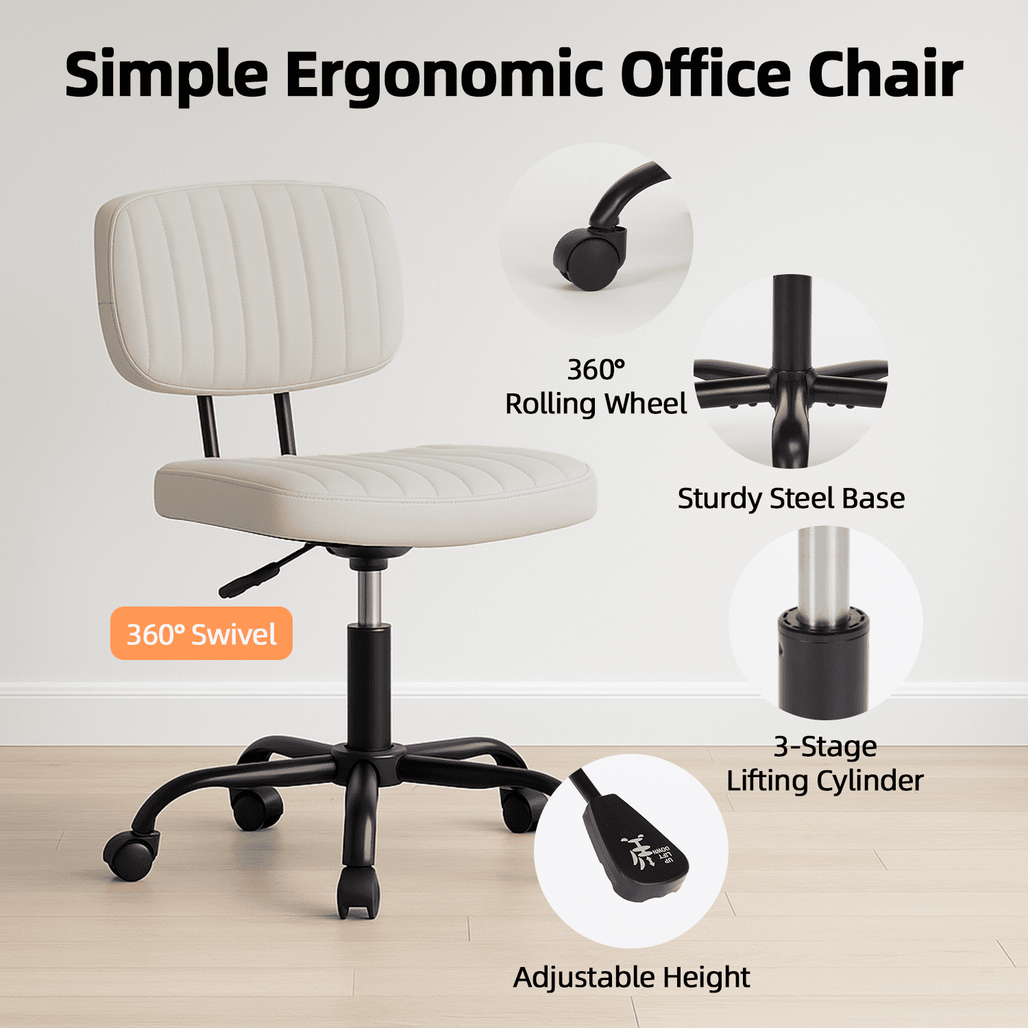 LIFERECORD PU Leather Armless Home Office Desk Chair, Small Ergonomic Task Chair for Adults and Students, Low Back Seating with Swivel, Adjustable Height, Rolling Wheels, White