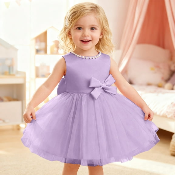 Ulitacool Girl Dress Sleeveless Formal Dress Solid Color Bowknot Dress With Pearl V Back Sundresses Simple Clothes 12-18 Months Purple
