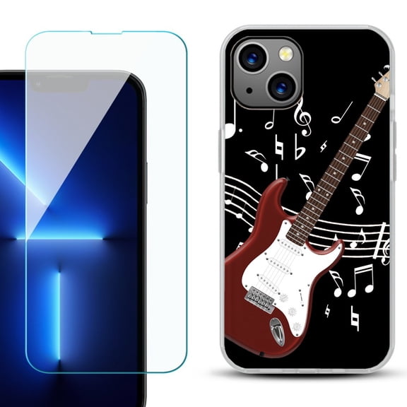 Slim-Fit Gel TPU Phone Case for iPhone 14, with Tempered Glass Screen Protector, by OneToughShield ® - Guitar Red