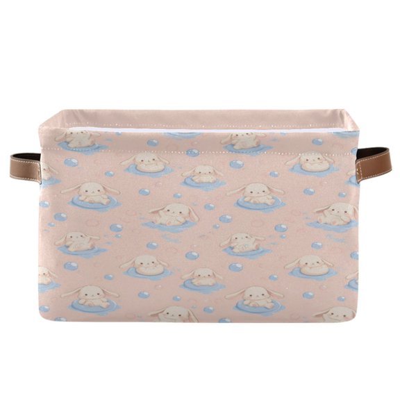 Wobogo Square Storage Basket with Waterproof Canvas and PE Lining Durable PU Leather Handles,Floppy Bunnies Print