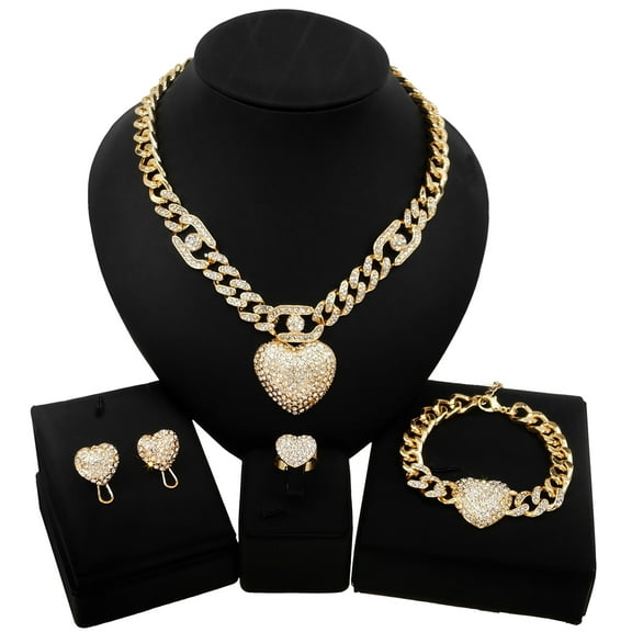 Jewelry Set For Women - Women's Hugs & Kisses XOXO Miami Cuban Iced Cut 4 Pieces Necklace Set Heart Charm Includes Necklace Bracelet Earrings Ring 18kt Gold Plated Layered